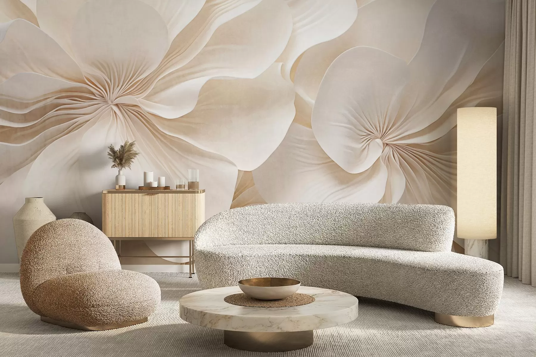 murais de parede Grande plano de flores de textura cremosa com pétalas delicadas e fluidas, criando um arranjo floral suave, elegante e texturado w09346