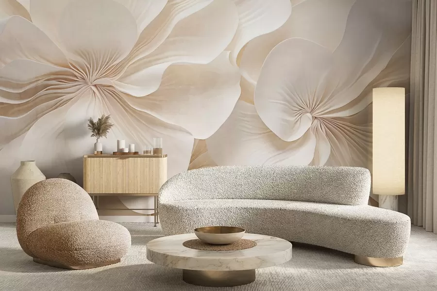 murais de parede Grande plano de flores de textura cremosa com pétalas delicadas e fluidas, criando um arranjo floral suave, elegante e texturado w09346