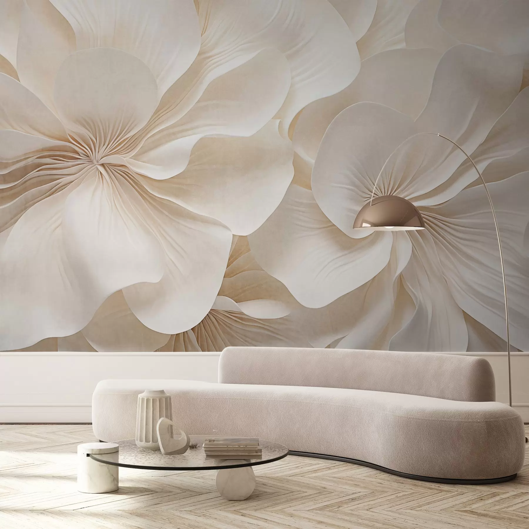 murais de parede Grande plano de flores de textura cremosa com pétalas delicadas e fluidas, criando um arranjo floral suave, elegante e texturado w09346