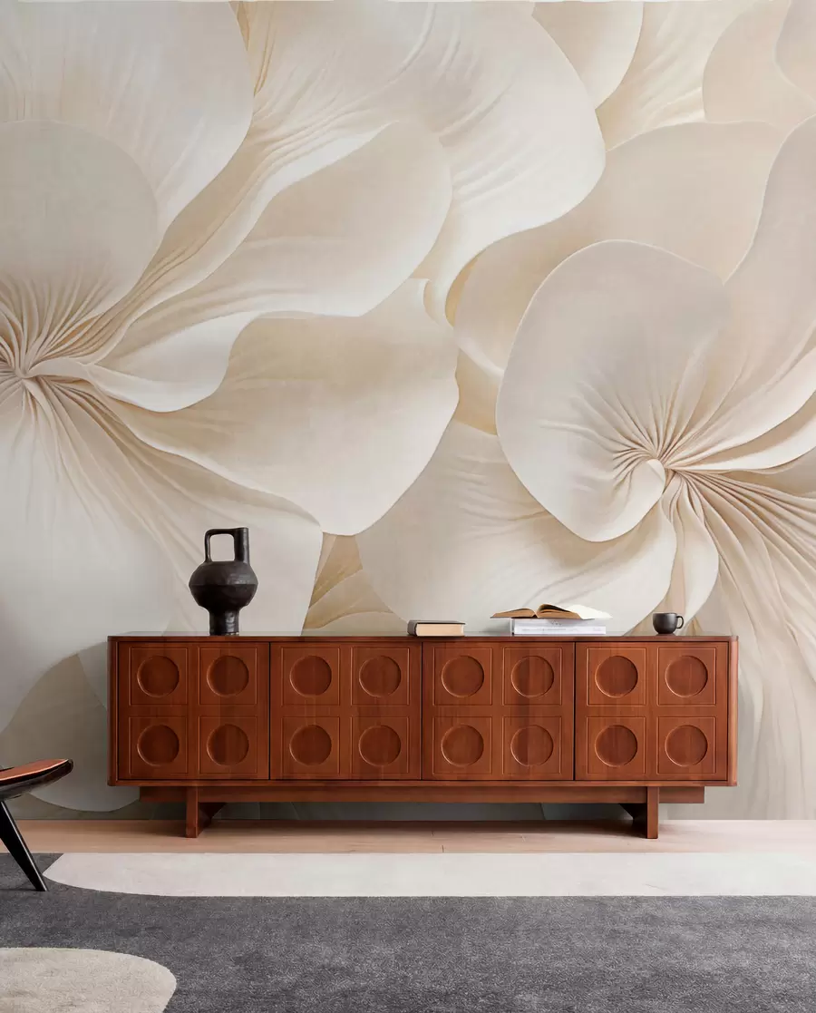 murais de parede Grande plano de flores de textura cremosa com pétalas delicadas e fluidas, criando um arranjo floral suave, elegante e texturado w09346