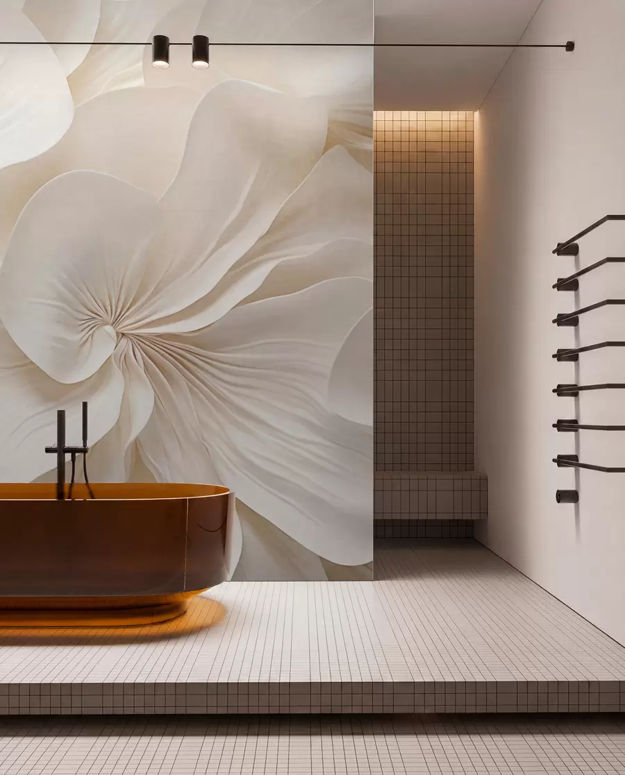 murais de parede Grande plano de flores de textura cremosa com pétalas delicadas e fluidas, criando um arranjo floral suave, elegante e texturado w09346