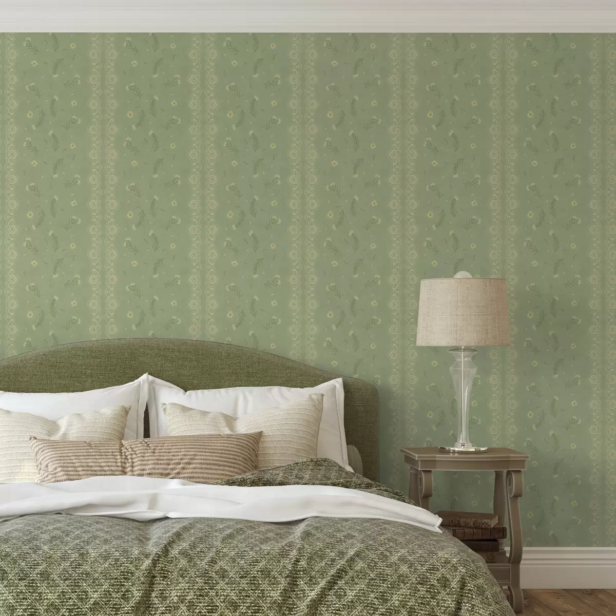 Papel de parede Fundo verde com margaridas e rebordo de renda a00291