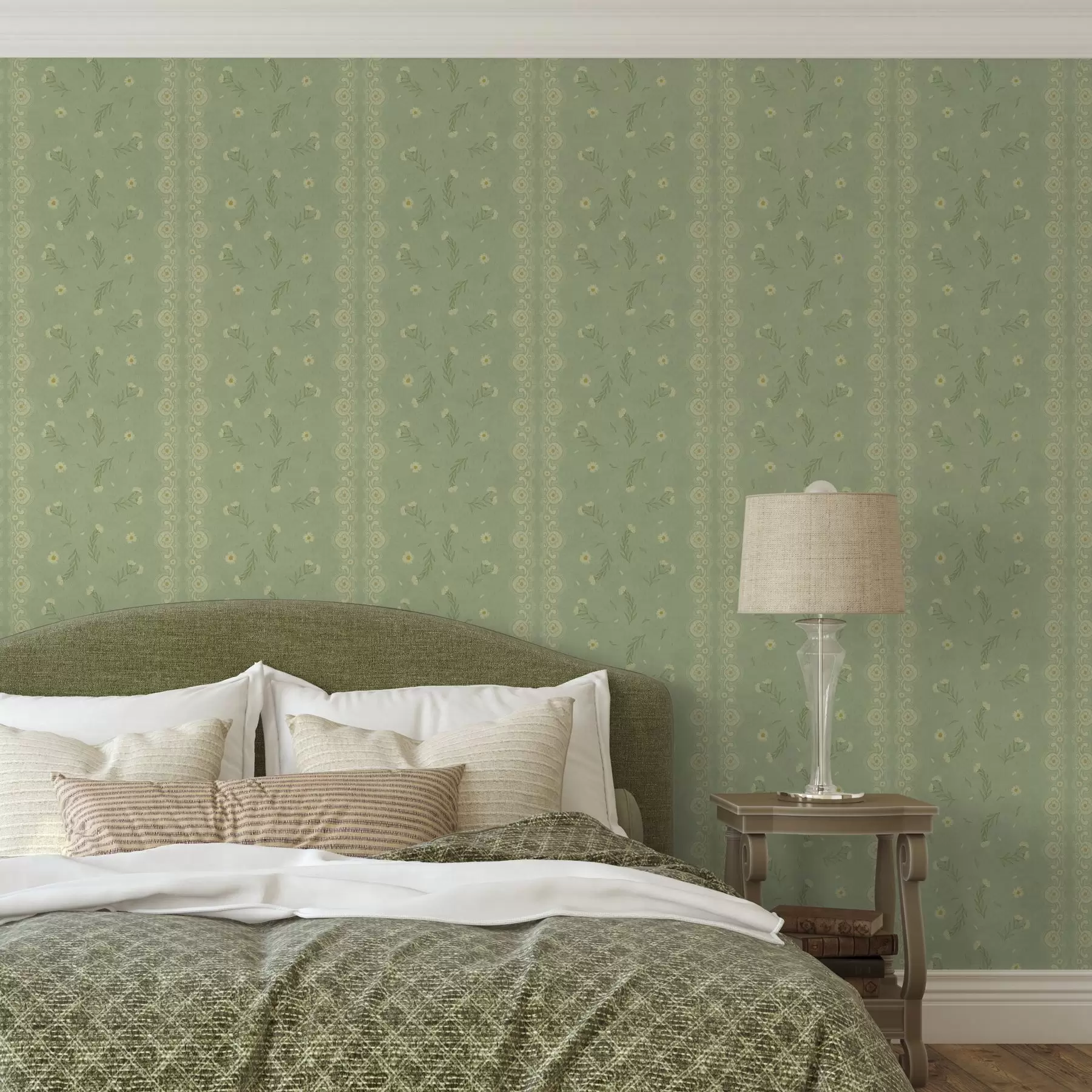 murais de parede Fundo verde com margaridas e rebordo de renda a00291