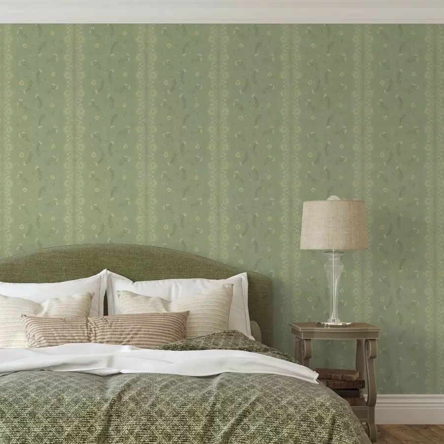 murais de parede Fundo verde com margaridas e rebordo de renda a00291