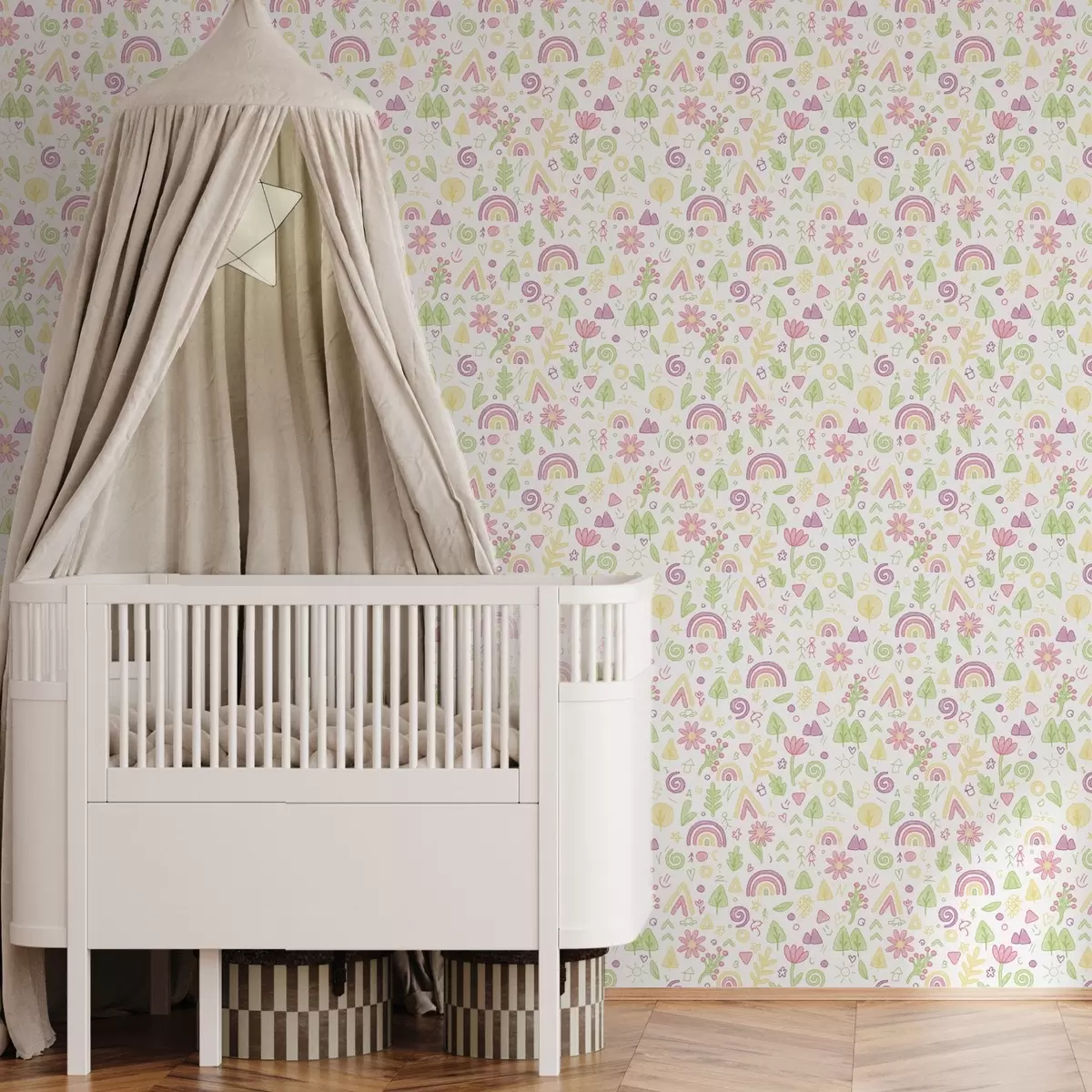 Papel de parede Desenho infantil com arco-íris, flores e árvores a00296