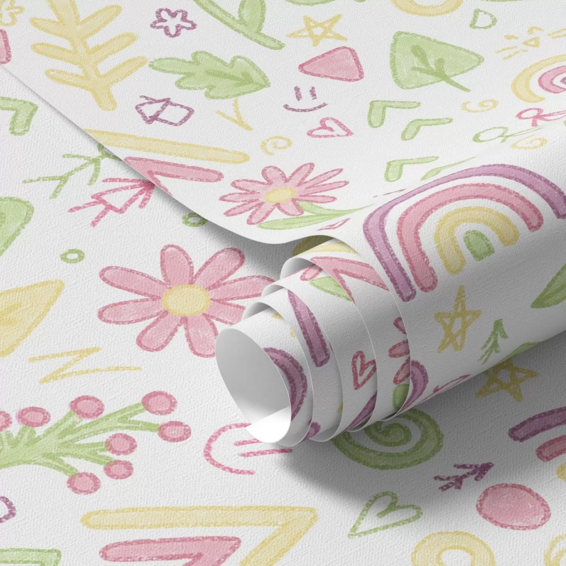 murais de parede Desenho infantil com arco-íris, flores e árvores a00296