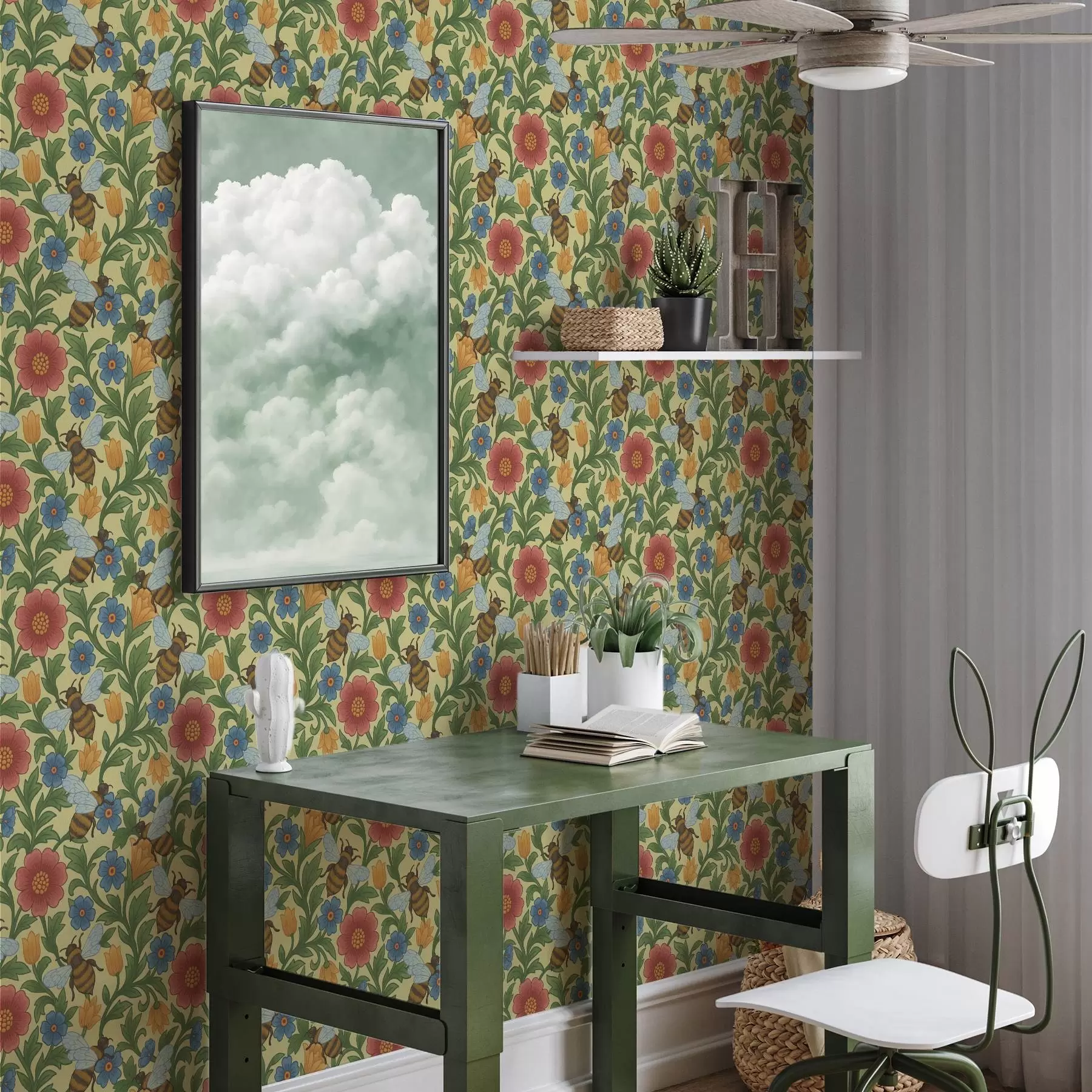 murais de parede Flores brilhantes com abelhas grandes a00315