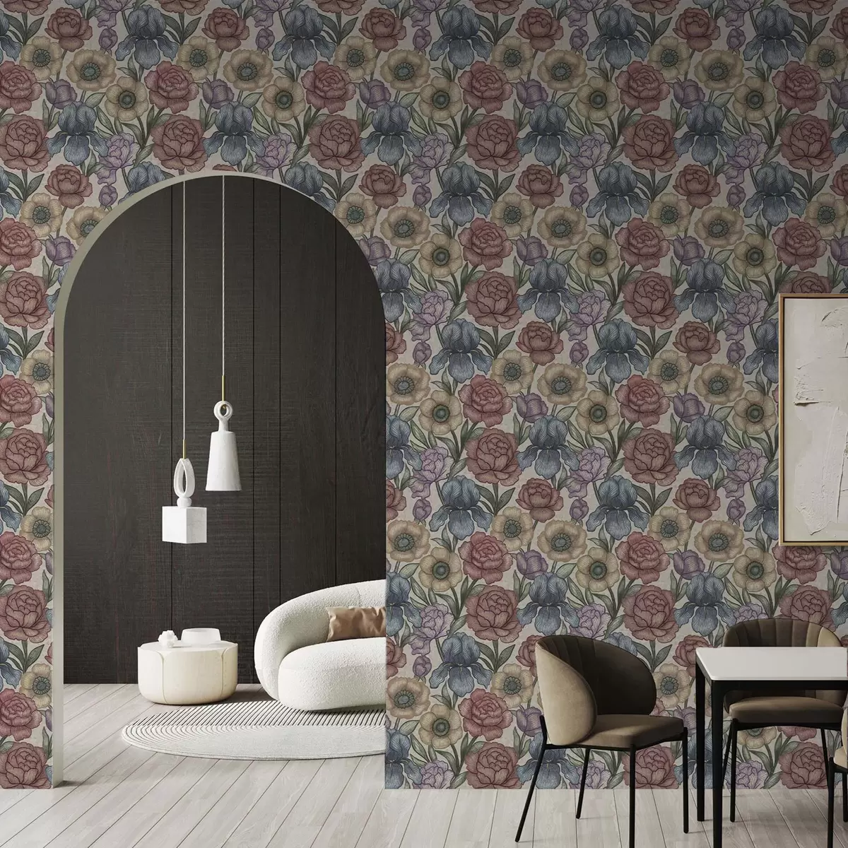 Papel de parede Grandes ilustrações florais com íris e peónias a00325