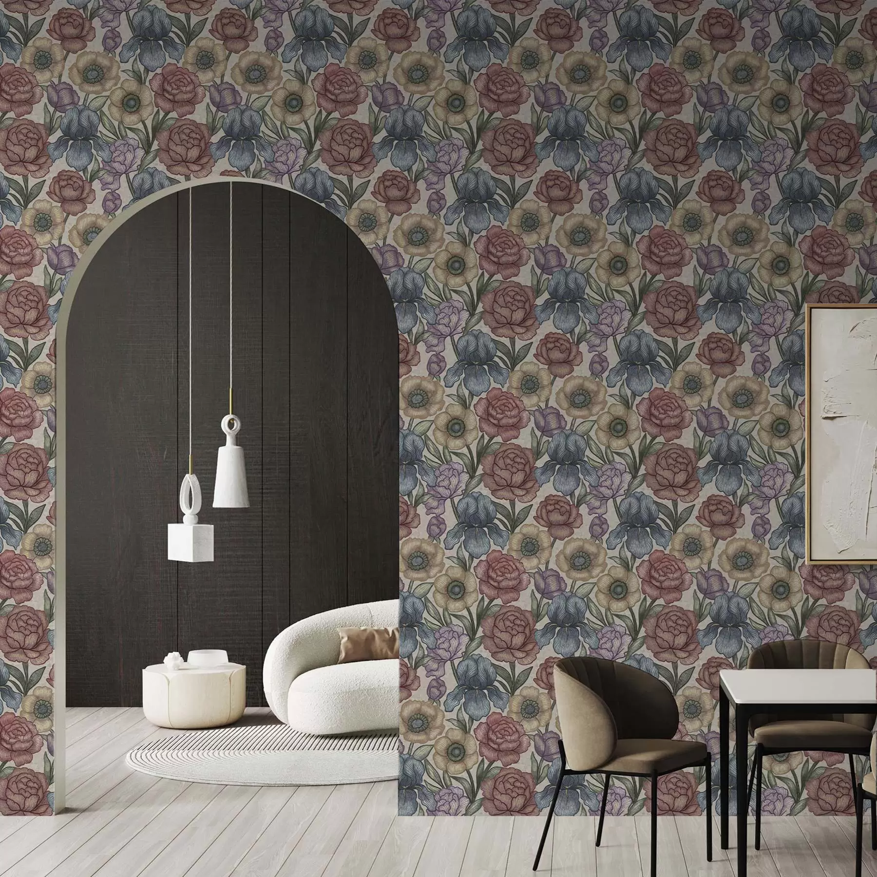 murais de parede Grandes ilustrações florais com íris e peónias a00325