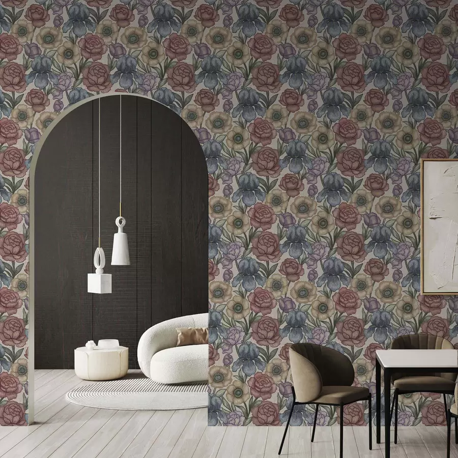 murais de parede Grandes ilustrações florais com íris e peónias a00325