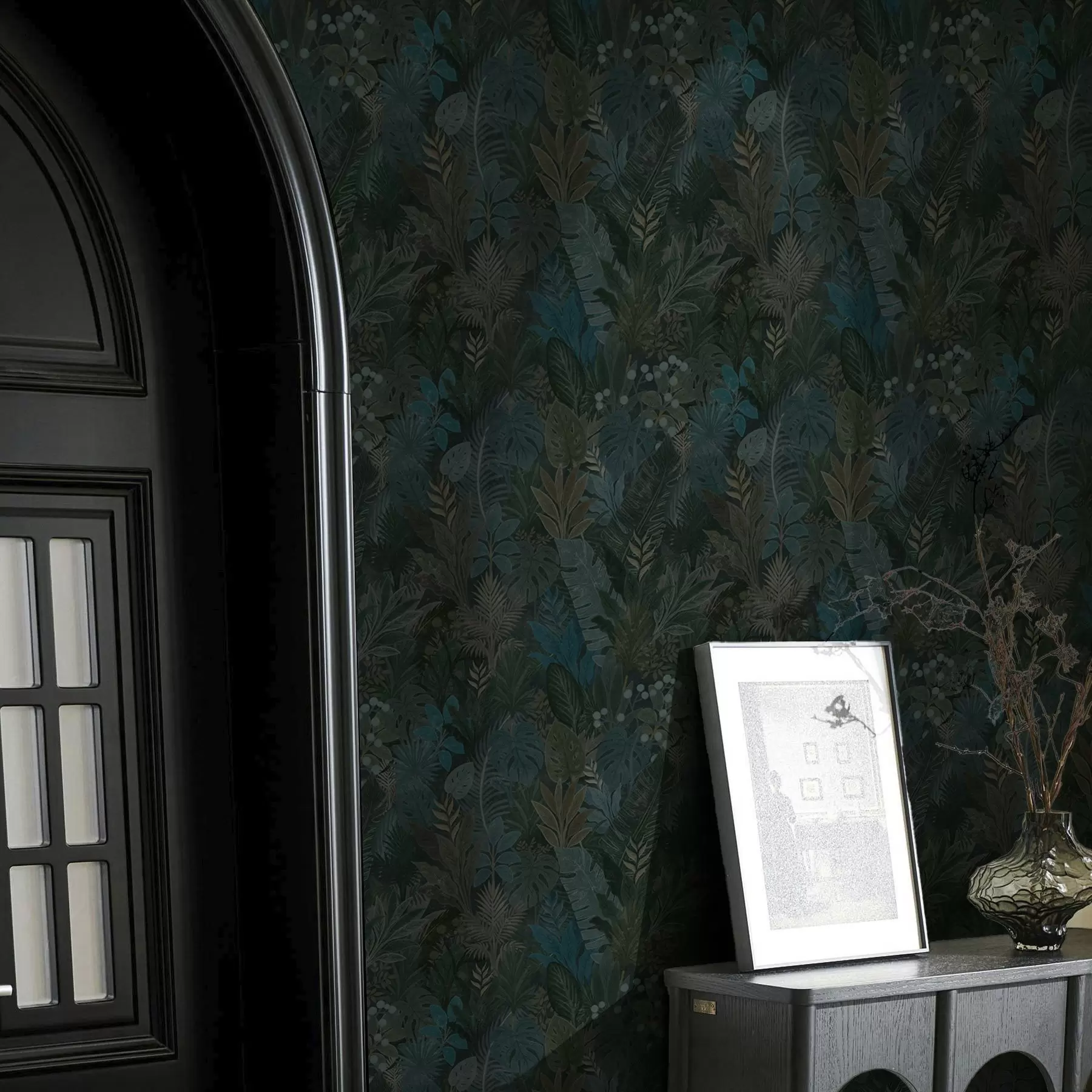 murais de parede Folhagem tropical verde-escura com toques azuis a00327