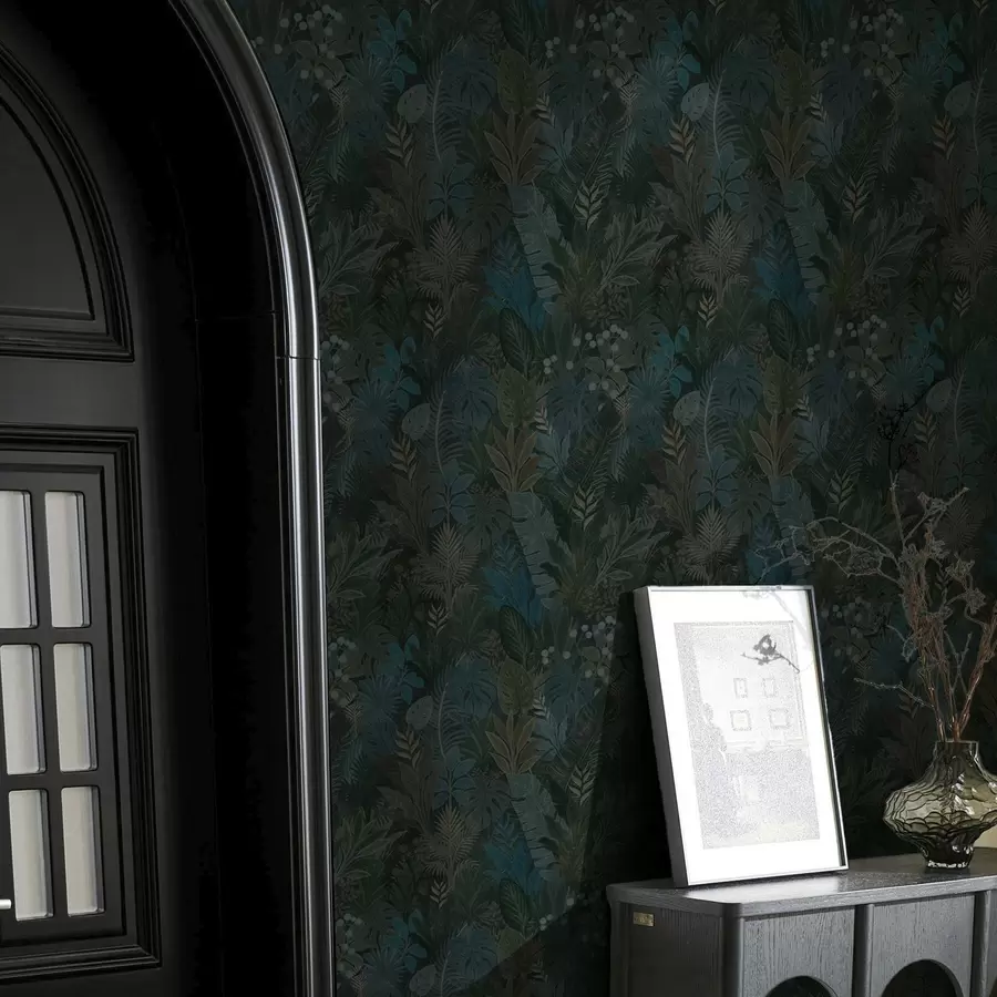 murais de parede Folhagem tropical verde-escura com toques azuis a00327