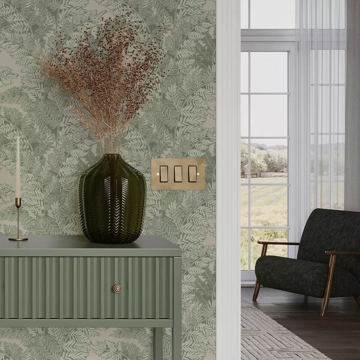 Papel de parede Padrão verde com folhas de feto a00345