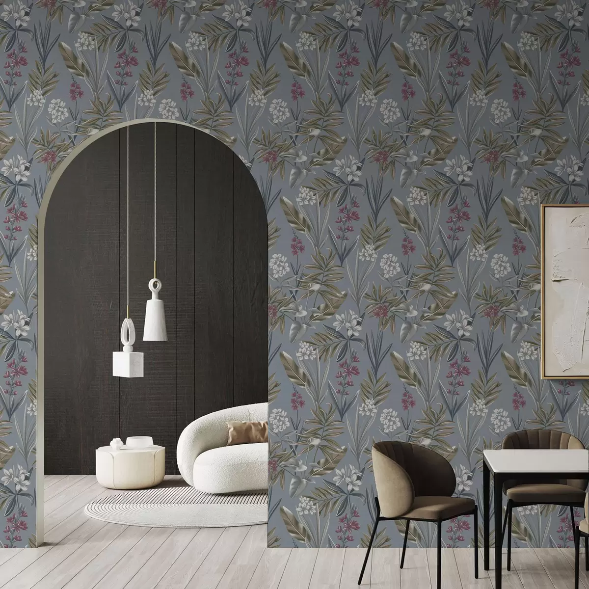 Papel de parede Ramos florais sobre um fundo cinzento-azulado a00350