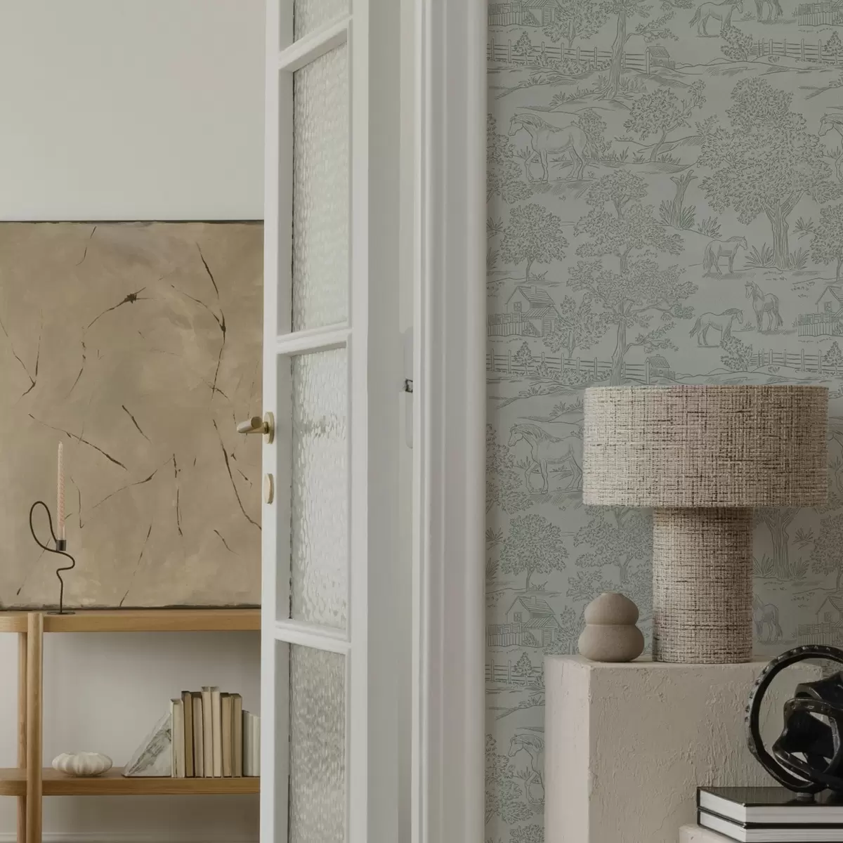 Papel de parede Paisagem verde monocromática com cavalos e casas de campo a00407