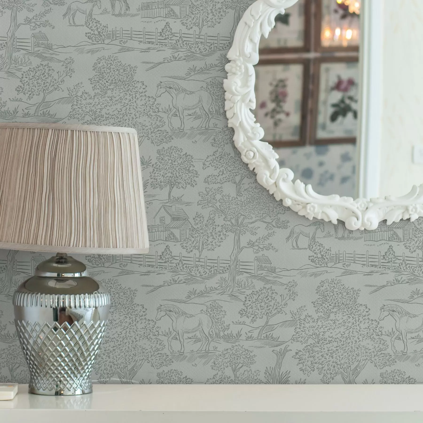 murais de parede Paisagem verde monocromática com cavalos e casas de campo a00407