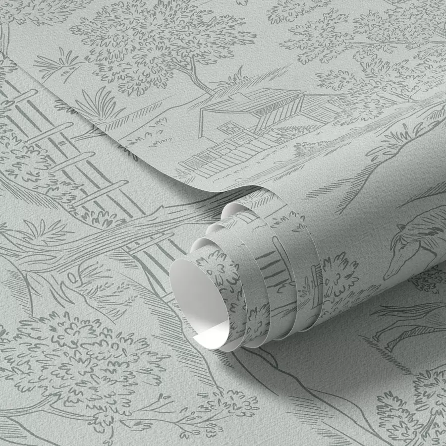 murais de parede Paisagem verde monocromática com cavalos e casas de campo a00407