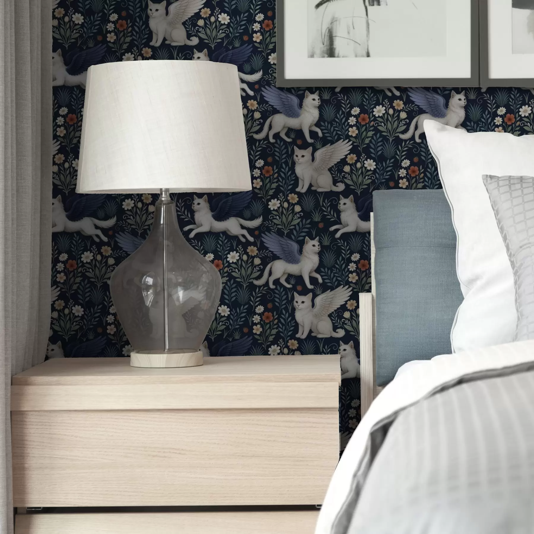 murais de parede Gatos de fantasia com asas entre flores a00408