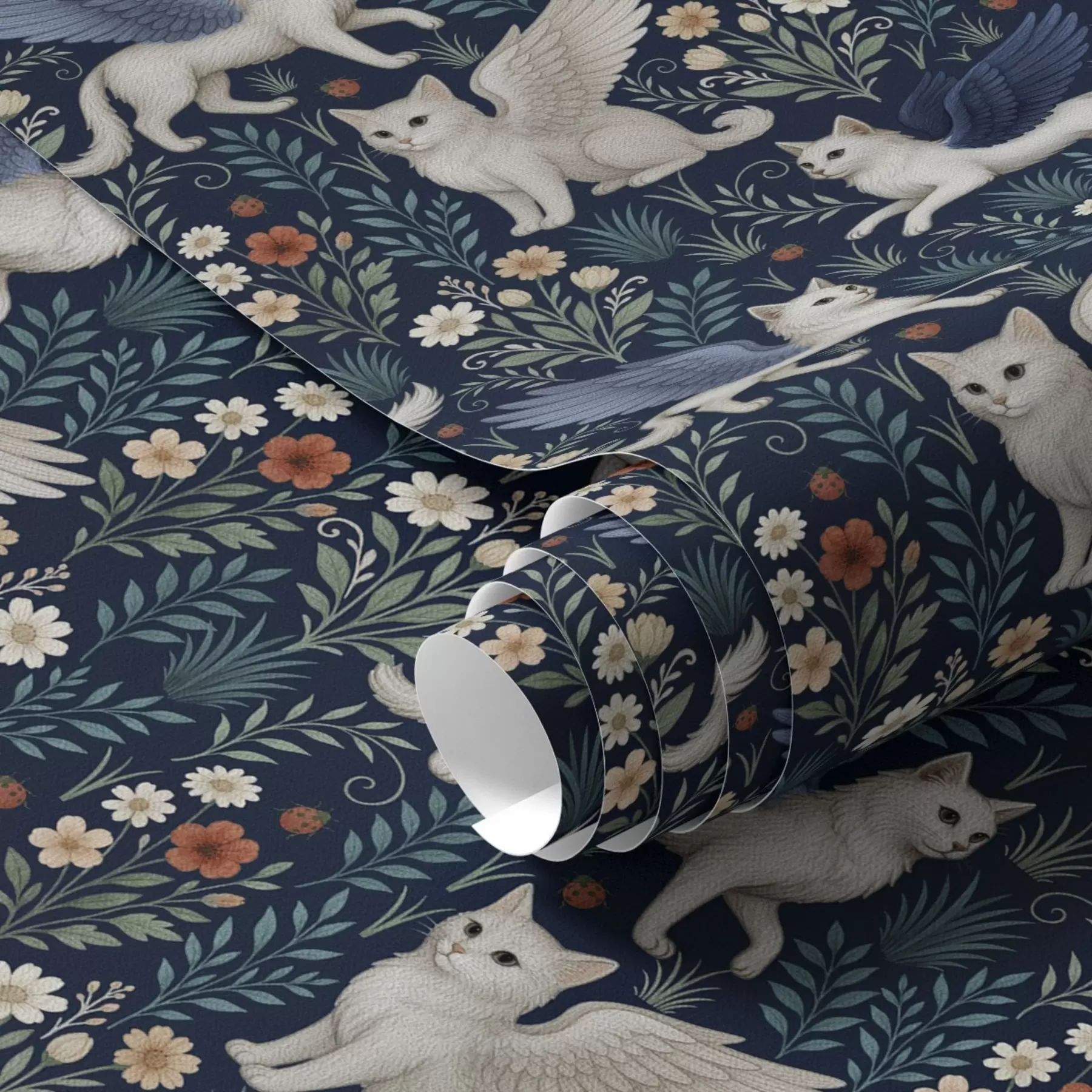 murais de parede Gatos de fantasia com asas entre flores a00408