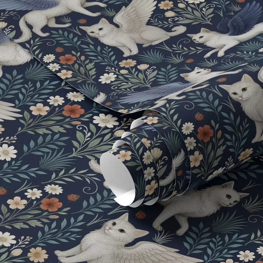 murais de parede Gatos de fantasia com asas entre flores a00408