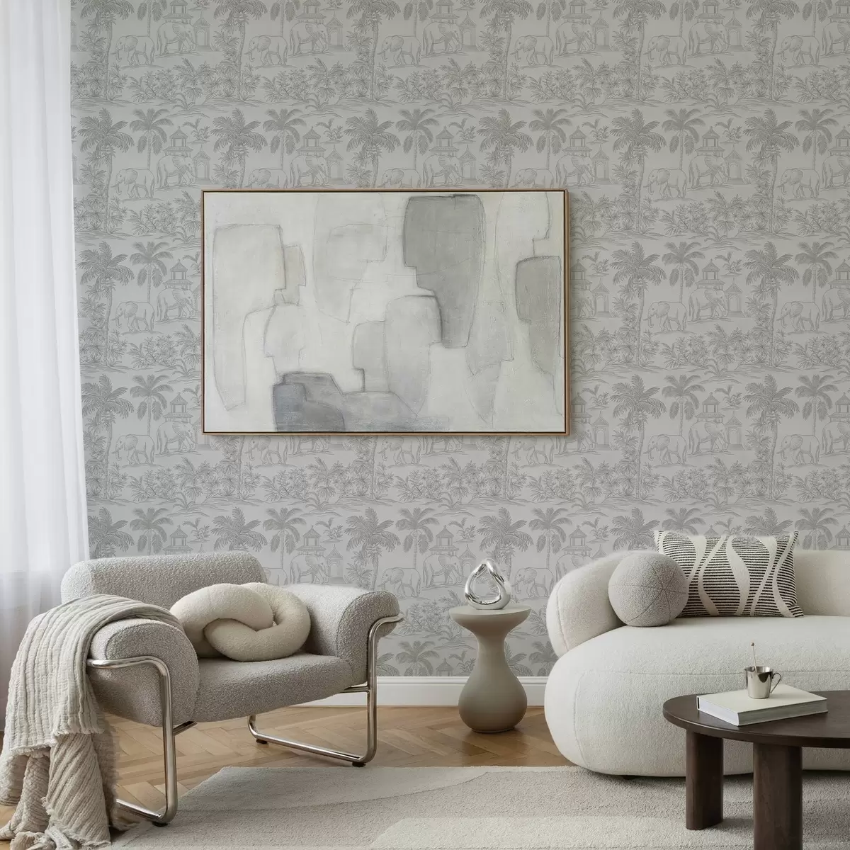 Papel de parede Elefantes monocromáticos e selva em estilo gráfico a00410