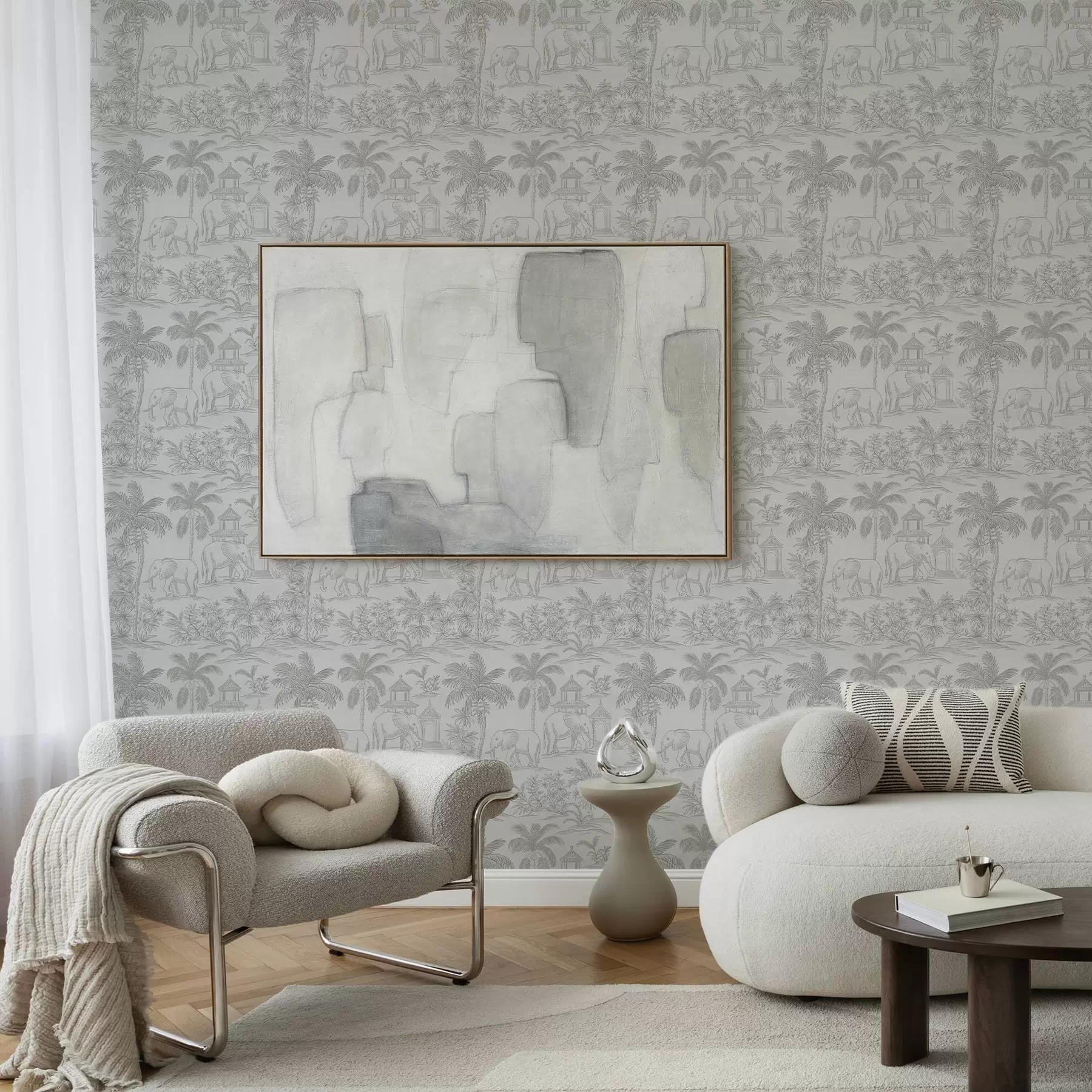 murais de parede Elefantes monocromáticos e selva em estilo gráfico a00410