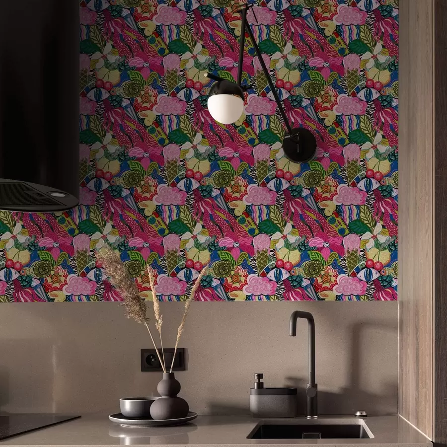 murais de parede Pop-art abstrata com flores, bagas e padrões a00471