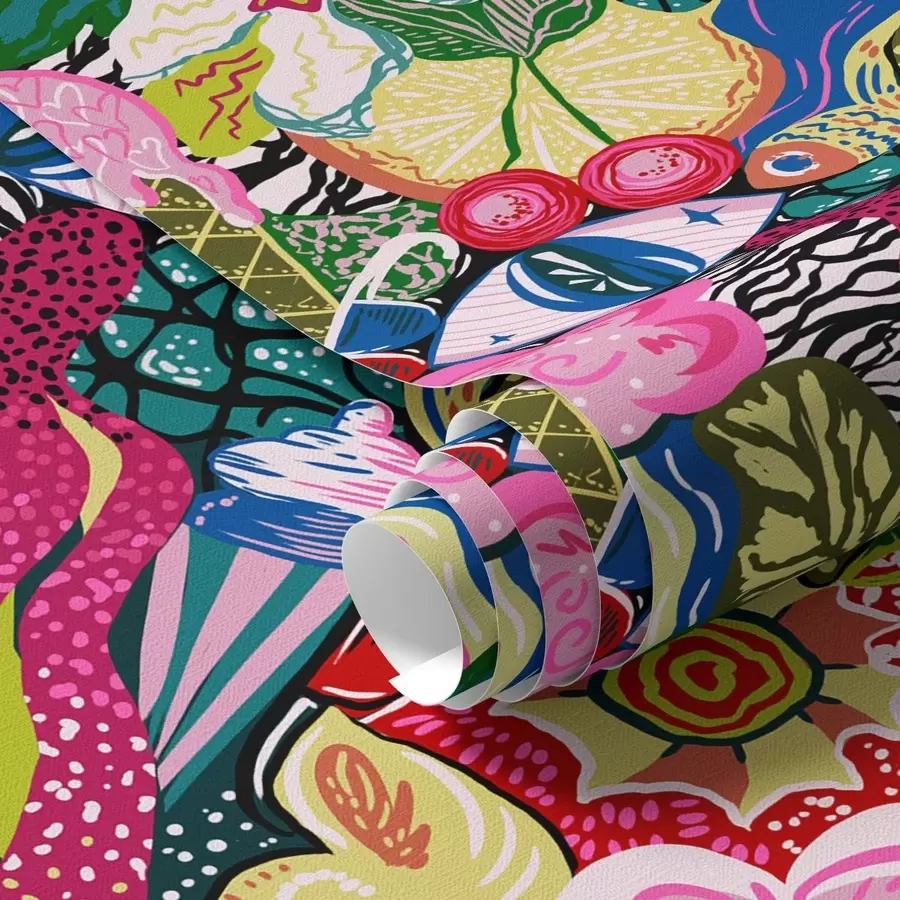 murais de parede Pop-art abstrata com flores, bagas e padrões a00471