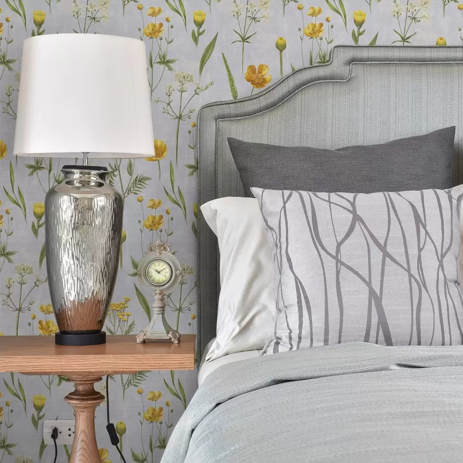 murais de parede Flores amarelas e vegetação sobre um fundo cinzento claro a00472