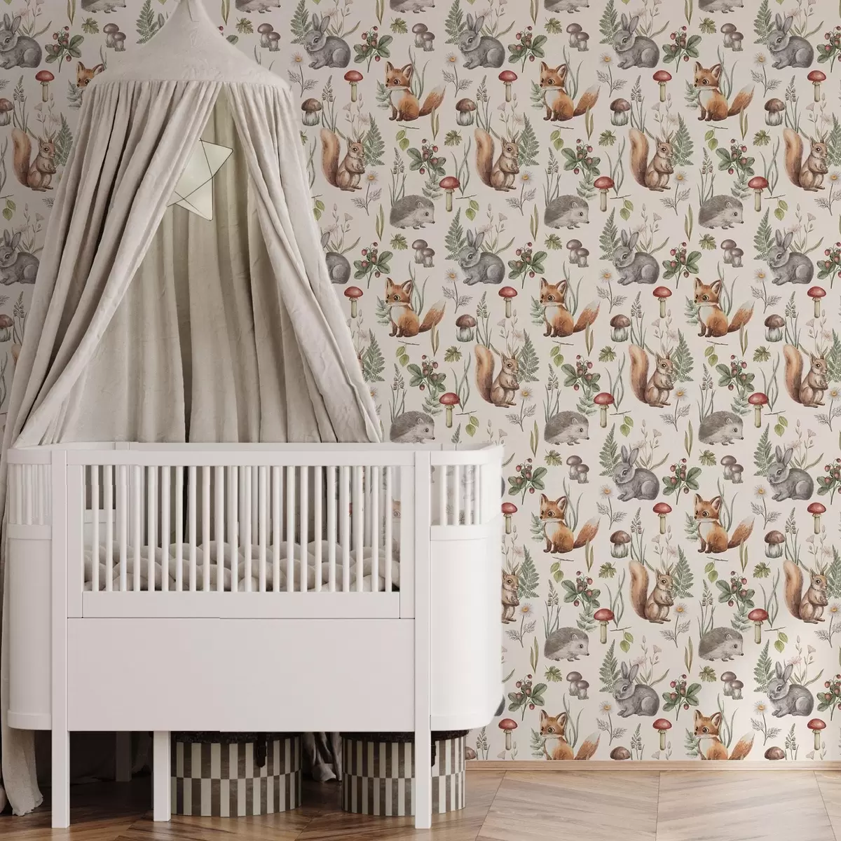 Papel de parede Animais da floresta, cogumelos e plantas num estilo de conto de fadas a00477