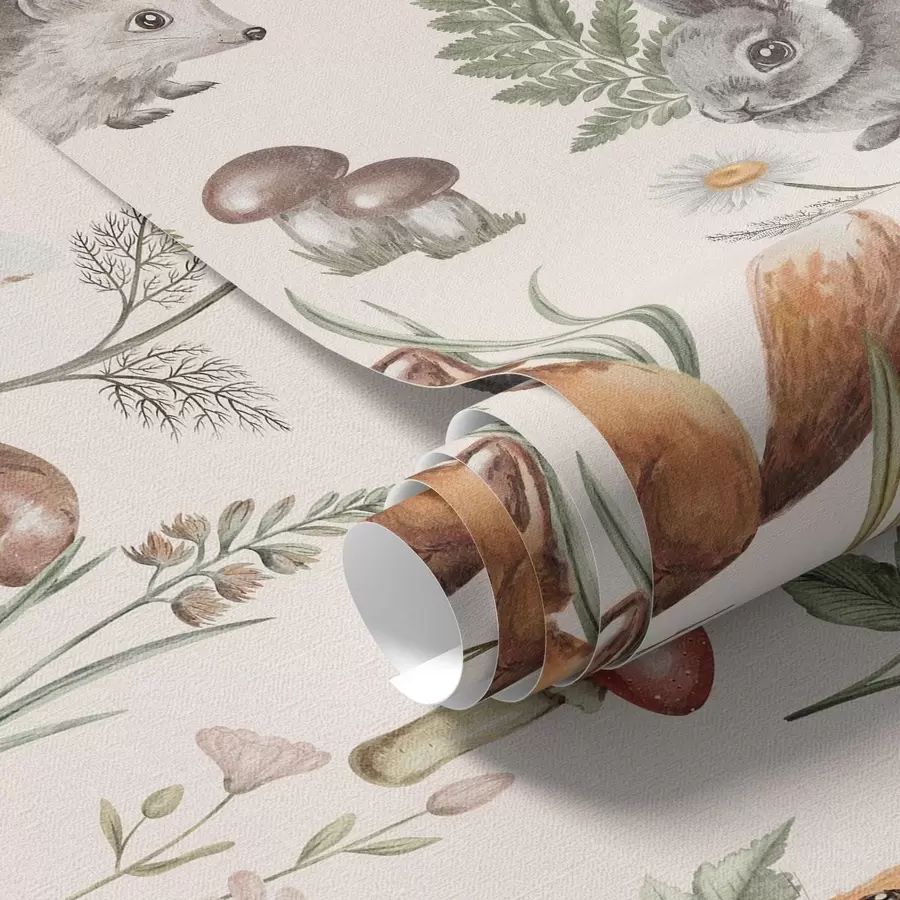 murais de parede Animais da floresta, cogumelos e plantas num estilo de conto de fadas a00477