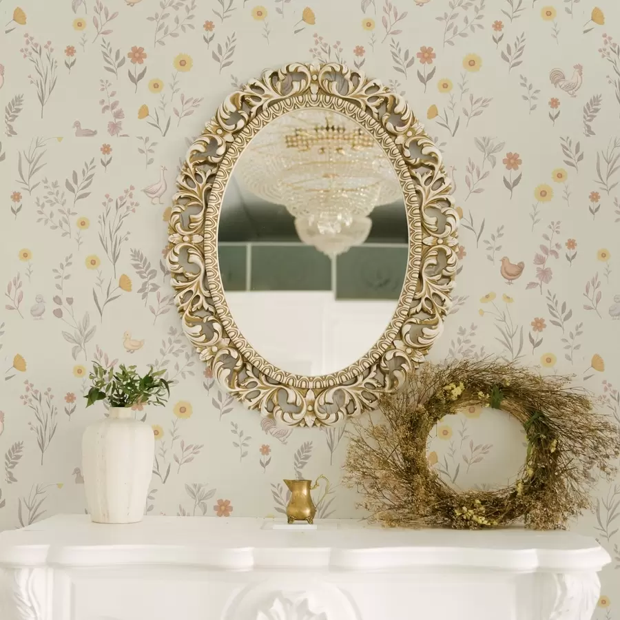 murais de parede Flores do campo e galinhas em tons pastel suaves a00478