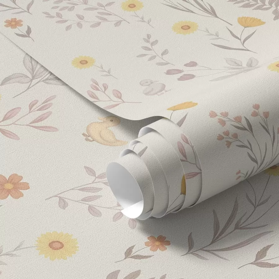 murais de parede Flores do campo e galinhas em tons pastel suaves a00478