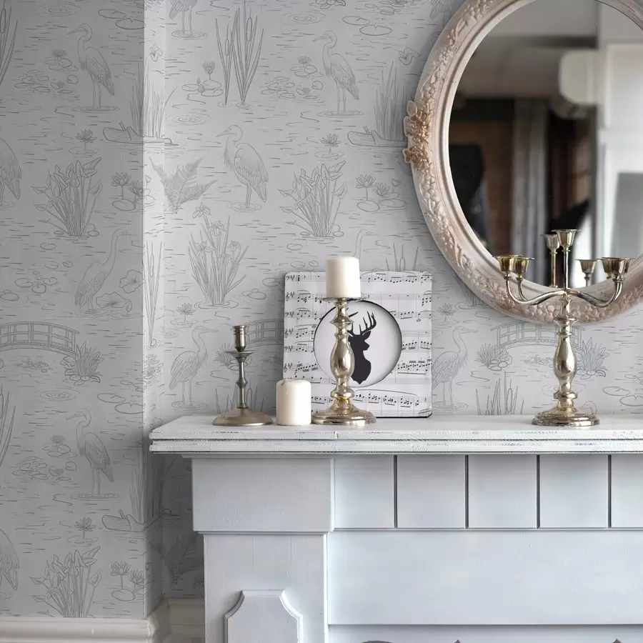 murais de parede Desenho de garças e plantas aquáticas em tons de cinzento calmos a00479