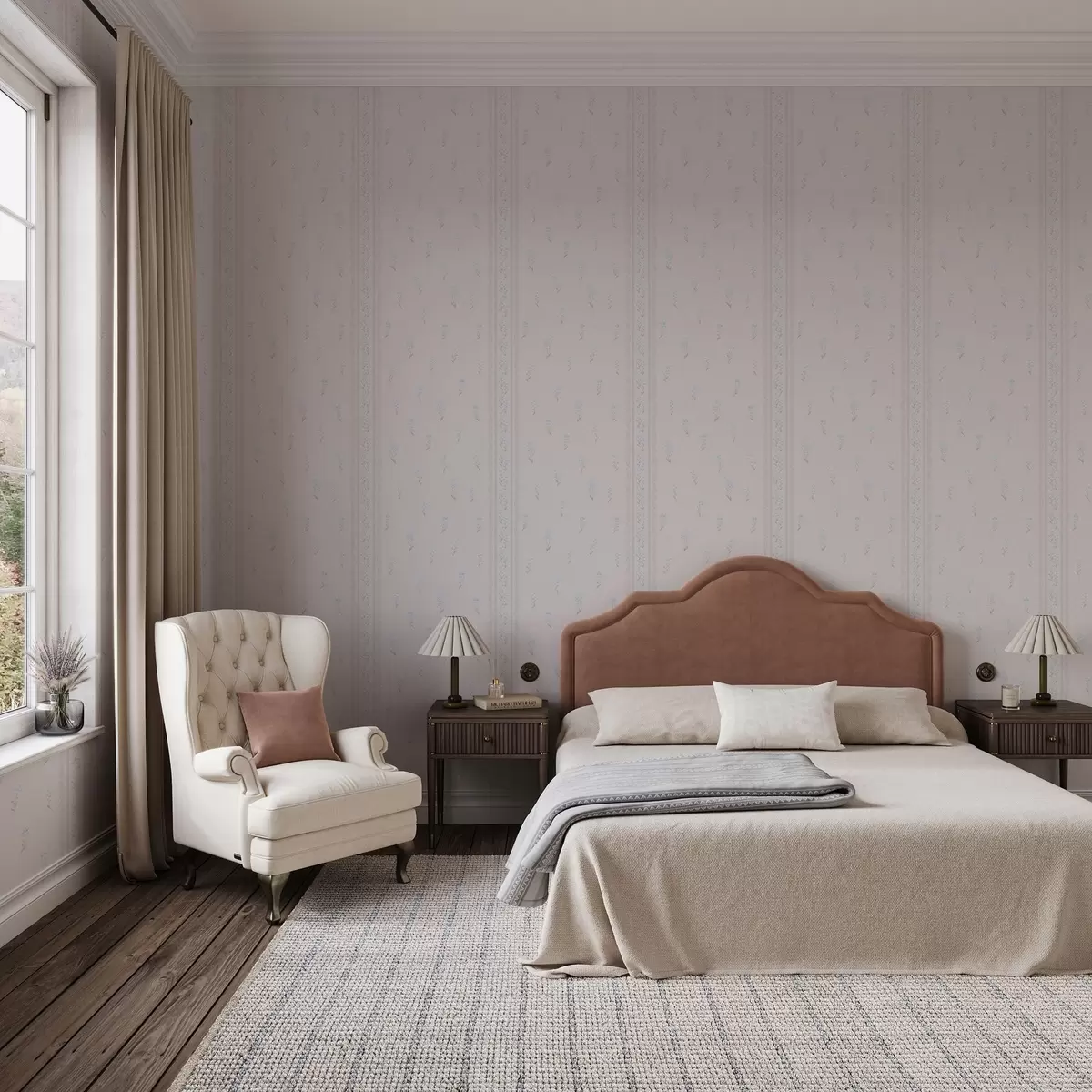 Papel de parede Fundo cor-de-rosa com delicadas flores azuis e rebordo a00484