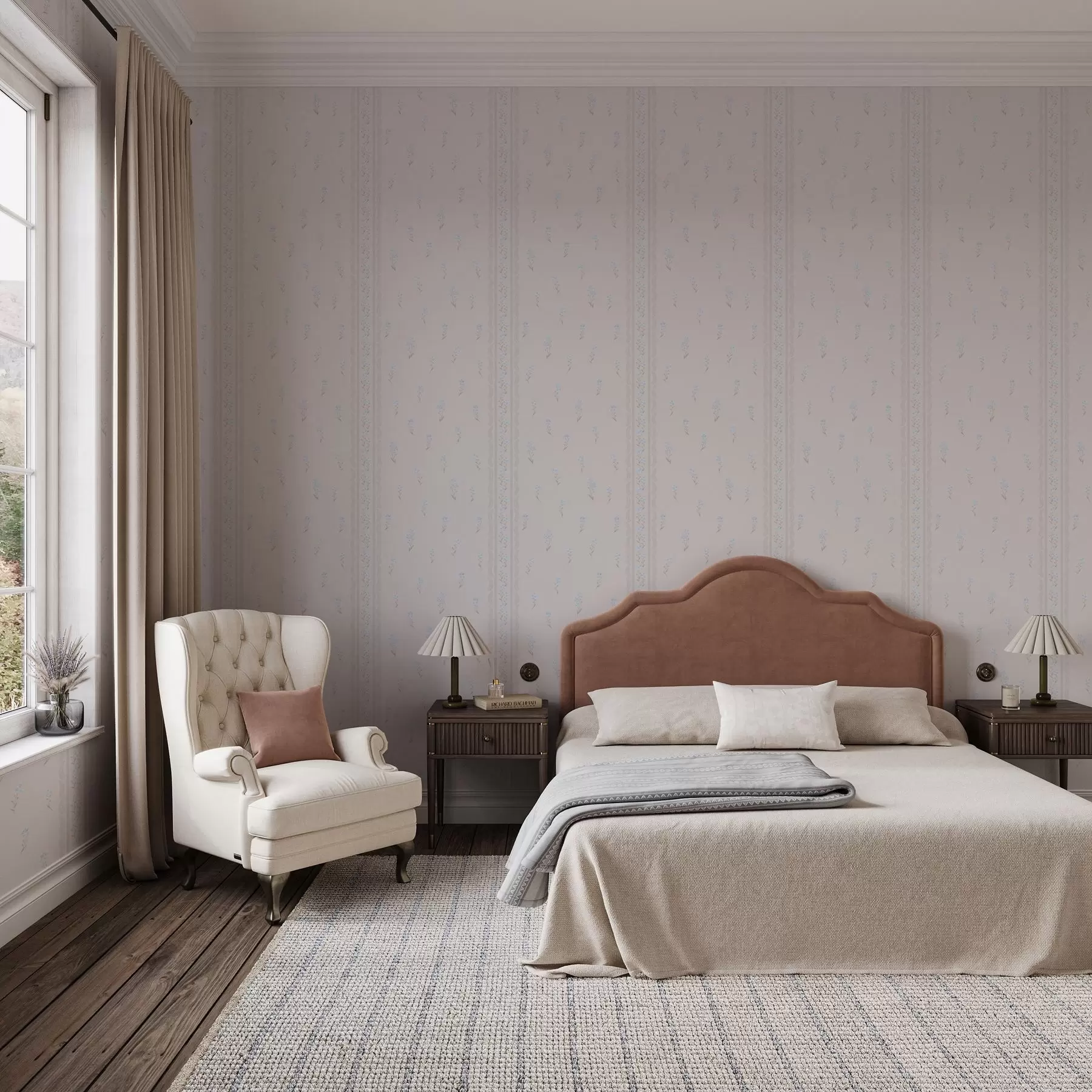 murais de parede Fundo cor-de-rosa com delicadas flores azuis e rebordo a00484