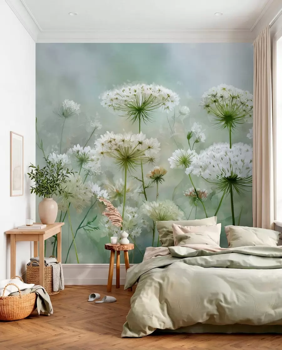 murais de parede delicadas flores silvestres brancas Queen Anne, num estilo pitoresco, tons verdes w04313