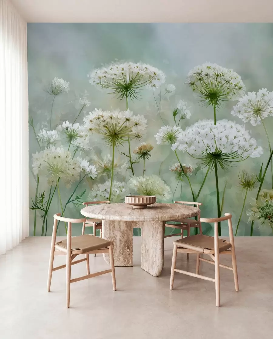 murais de parede delicadas flores silvestres brancas Queen Anne, num estilo pitoresco, tons verdes w04313