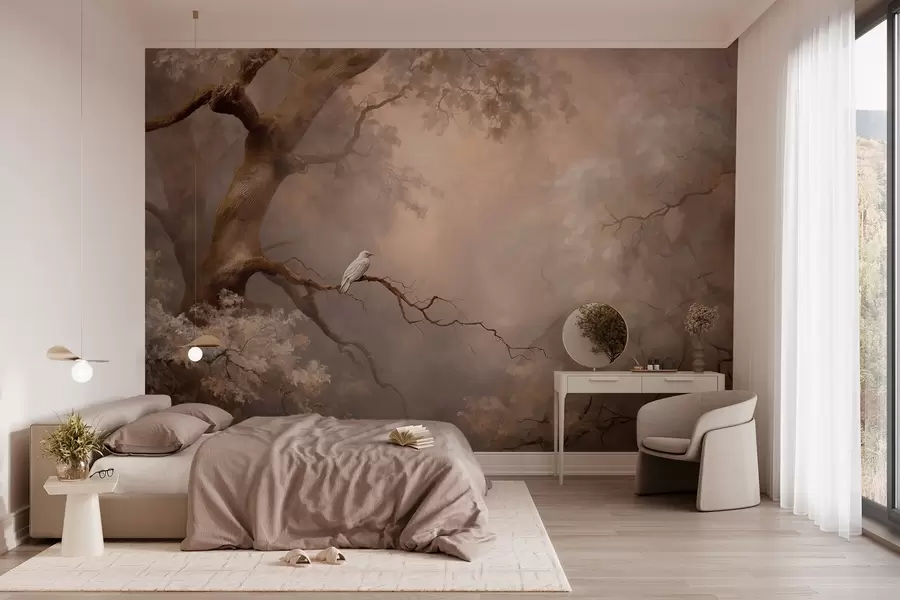 murais de parede floresta mística com um pássaro branco w04314