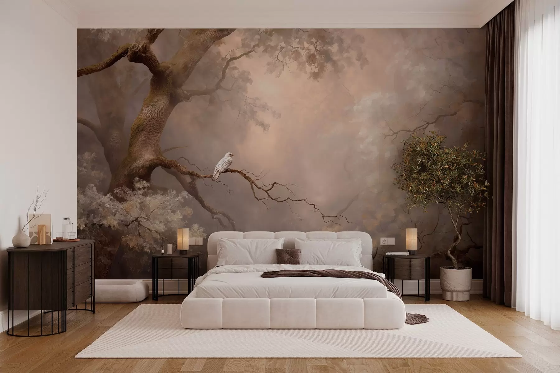 murais de parede floresta mística com um pássaro branco w04314