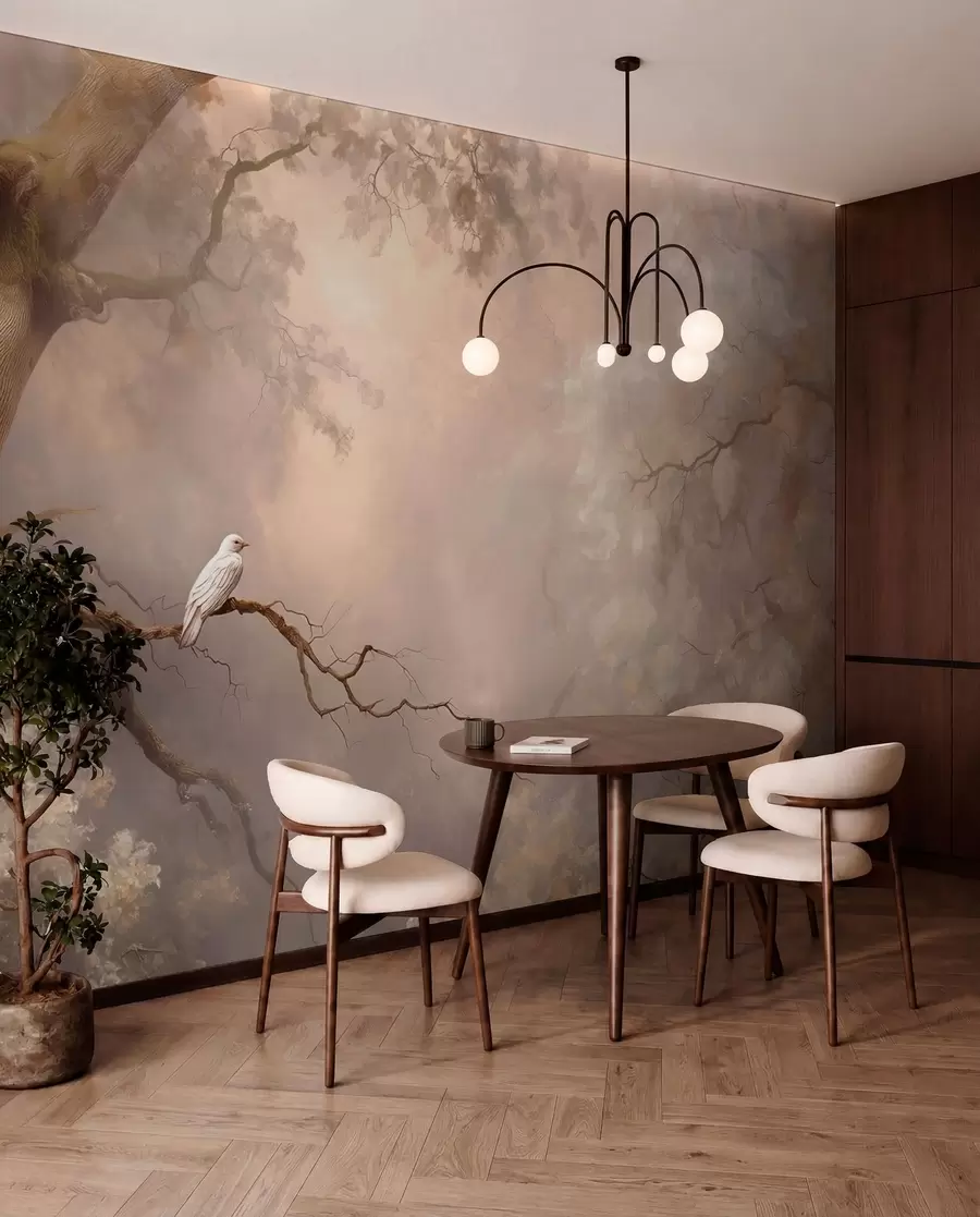 murais de parede floresta mística com um pássaro branco w04314