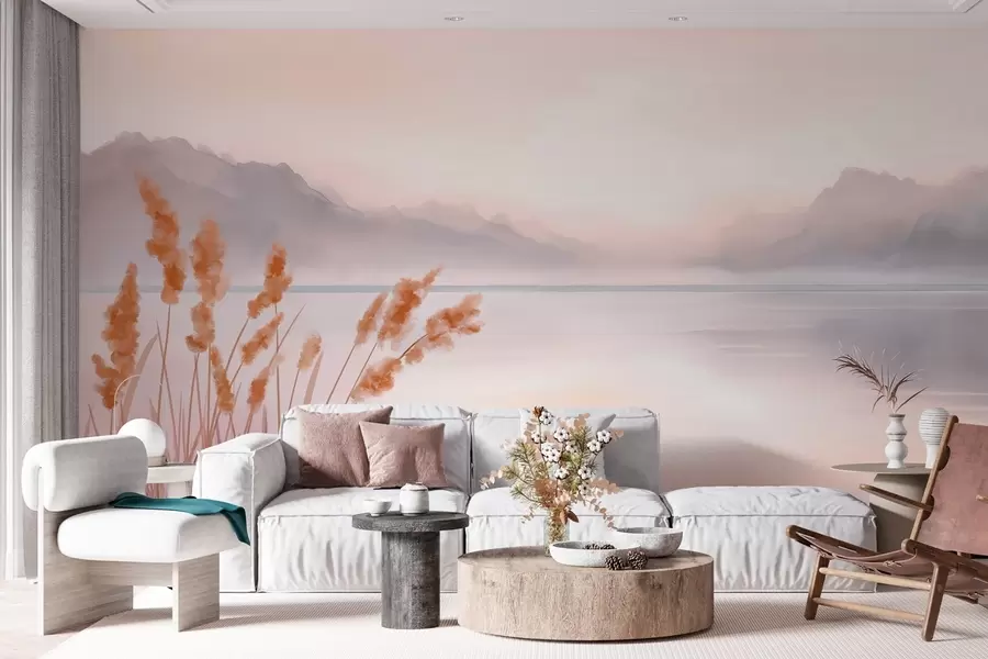 murais de parede um lago pitoresco com juncos e montanhas w04315