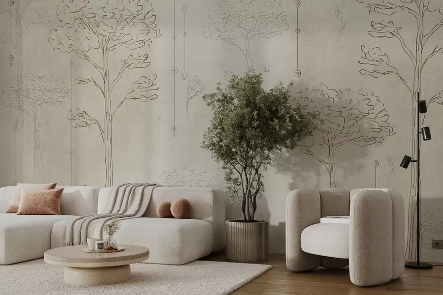 murais de parede Silhuetas lineares de árvores num estilo minimalista w04403