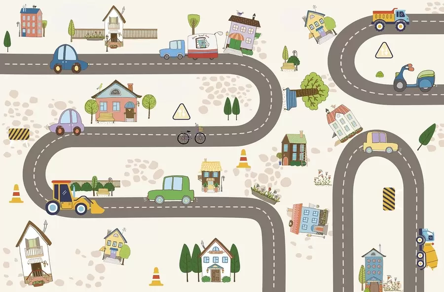 murais de parede Estrada para crianças com carros e casas coloridas w04404