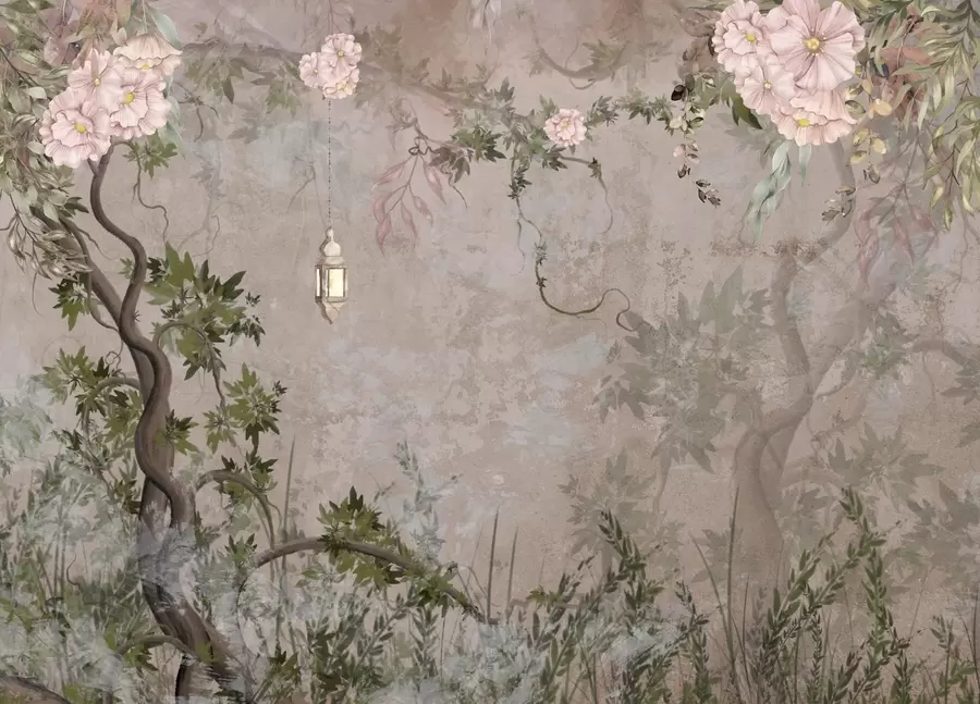 murais de parede Jardim de fadas com flores, árvores e lanterna w04416