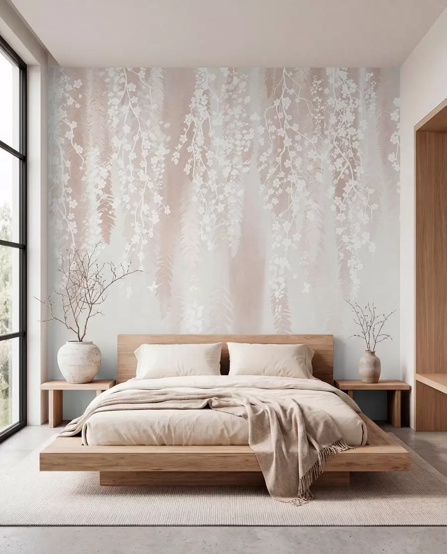 murais de parede Ramos leves com flores brancas sobre um fundo suave w04417