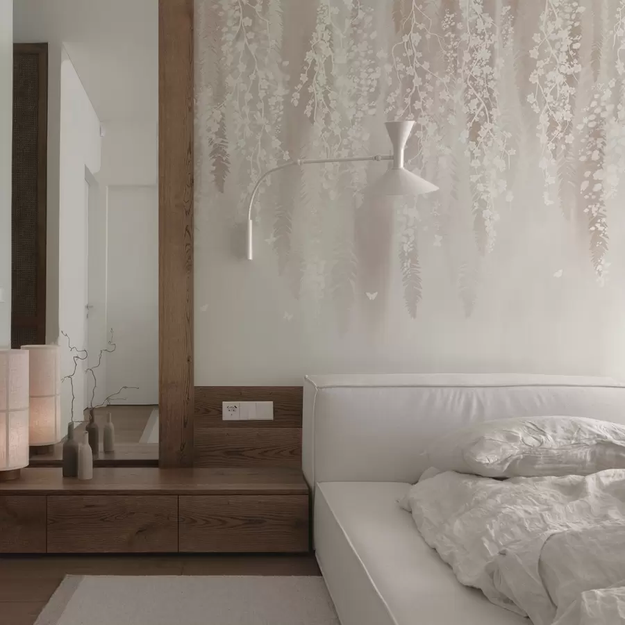 murais de parede Ramos leves com flores brancas sobre um fundo suave w04417