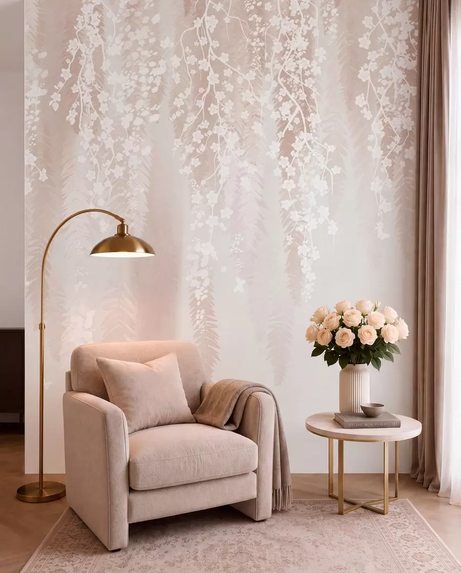 murais de parede Ramos leves com flores brancas sobre um fundo suave w04417