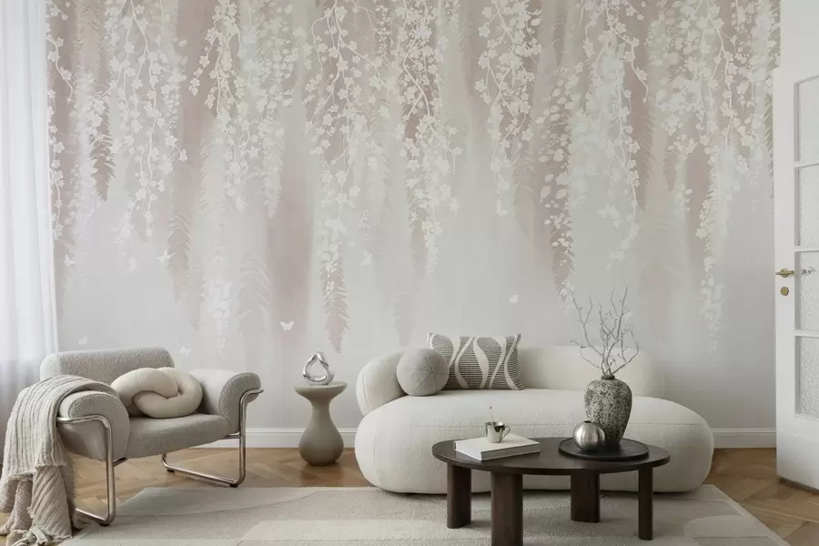 murais de parede Ramos leves com flores brancas sobre um fundo suave w04417