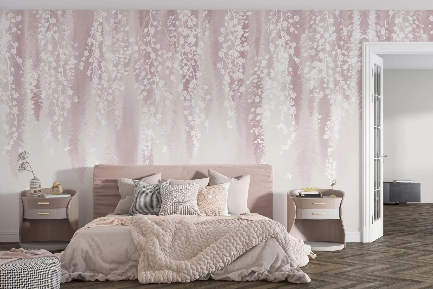 murais de parede Versão cor-de-rosa dos ramos com flores brancas w04417v1